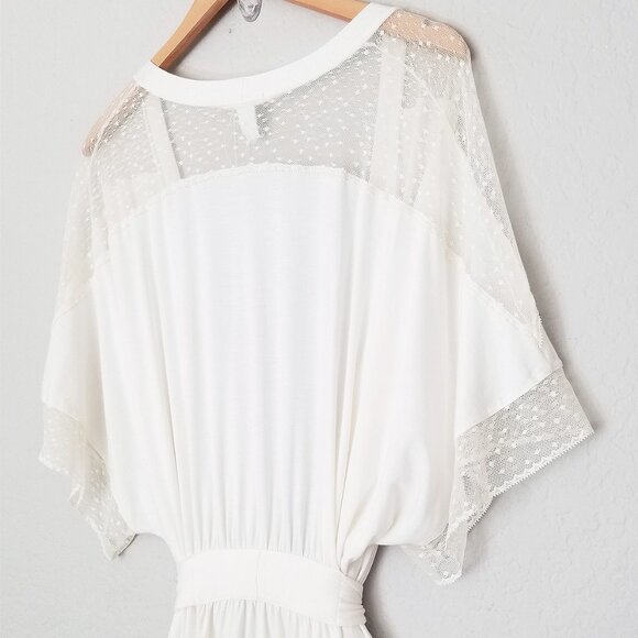 Eberjey Kimono Robe S Ivory Soft Modal Jersey Polka Dot Lace Mesh Inset Wrap Tie - Picture 13 of 15